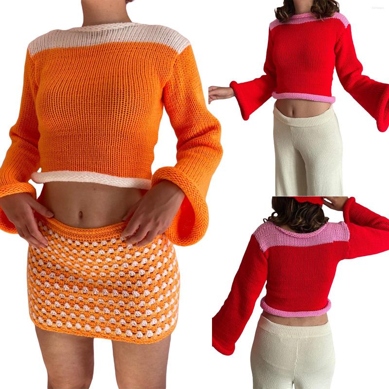 

Women' Sweaters Women Fashion Knitted Crop Sweater Autumn Winter Casual Rolled Trim Contrast Color Long Sleeves Pullover Tops Streetwear, Orange