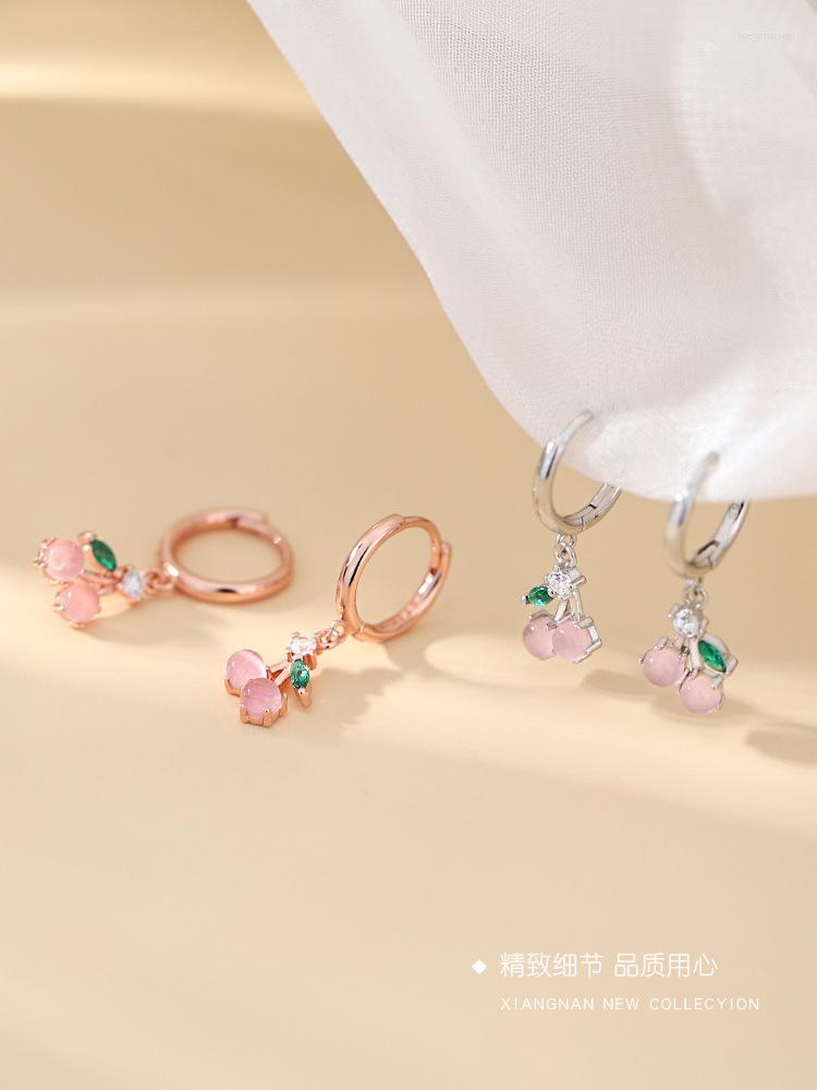

Hoop Earrings 925 Sterling Silver Ear Buckle Pink Crystal Cherry For Women Girl Student Cute Fruit Huggie Fine Jewelry