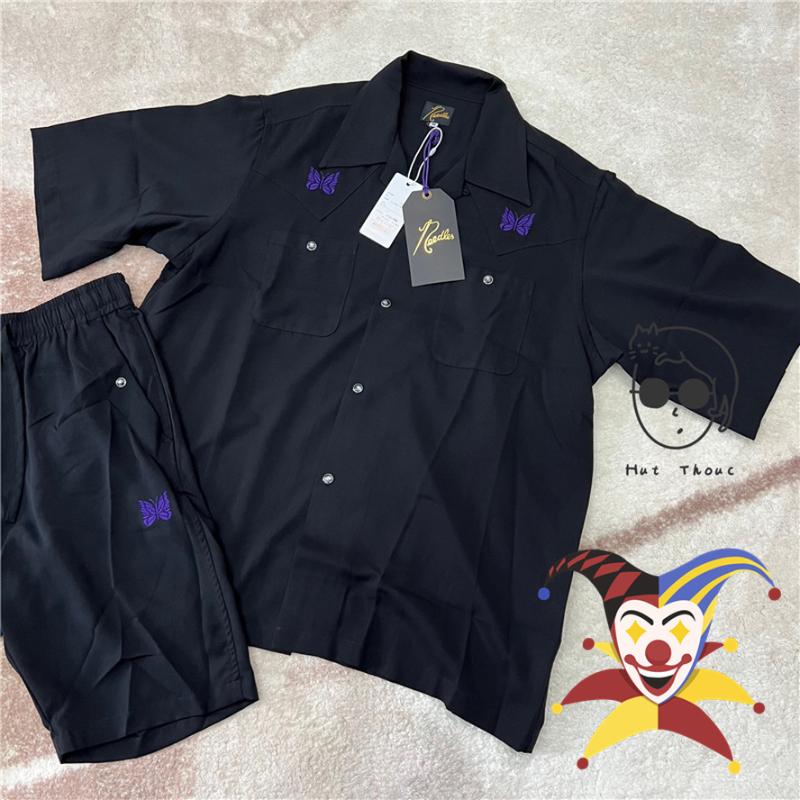 

Men' T Shirts Needles Pockets Shirt Men Women AWGE Embroidered Purple Butterfly Oversized Button Blouse