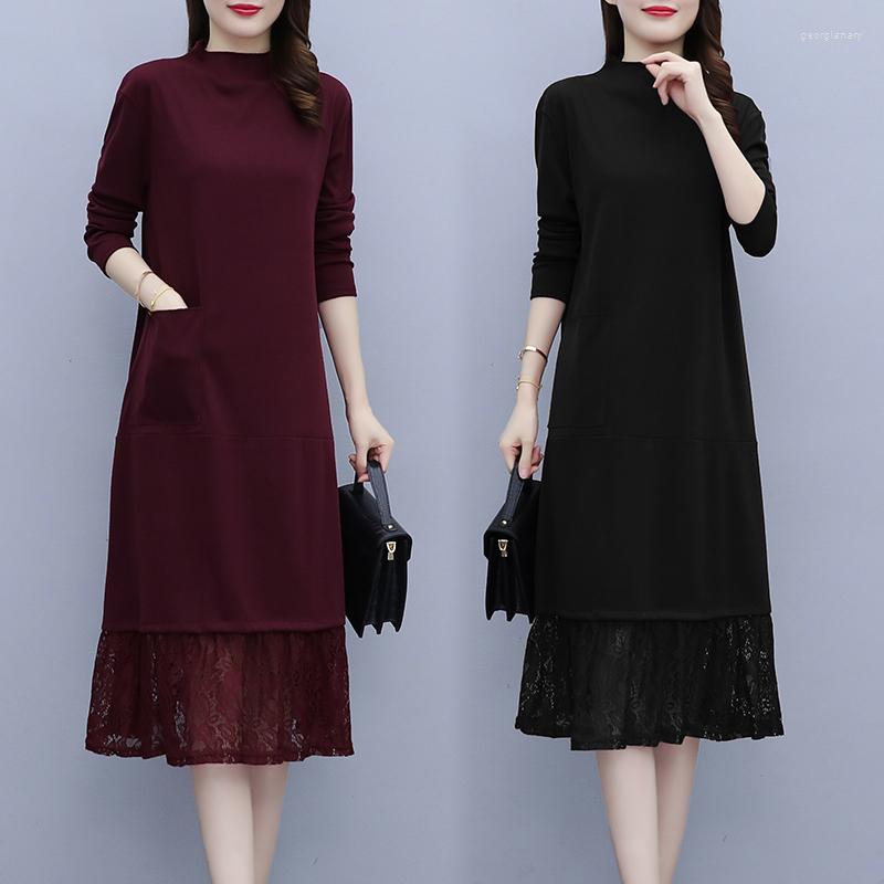 

Casual Dresses Large Size Women's Clothing Autumn 2022 Artistic Temperament Knitting Lace Stitching Pure Color Long Skirt Dress, Maroon