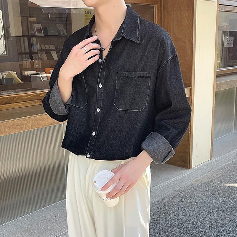 

Men's Casual Shirts Trend Solid Color Denim Men Spring Autumn Fashion Long Sleeve Turn-down Collar Button Jean Cardigan Mens Shirt, 01 light blue