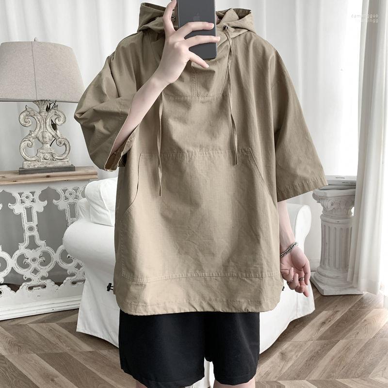 

Men' Casual Shirts Men' Shirt Loose Summer Fitting Hooded Short Sleeve Fashion Couples College Package Mail 2022 Pure Color Leisure, Khaki