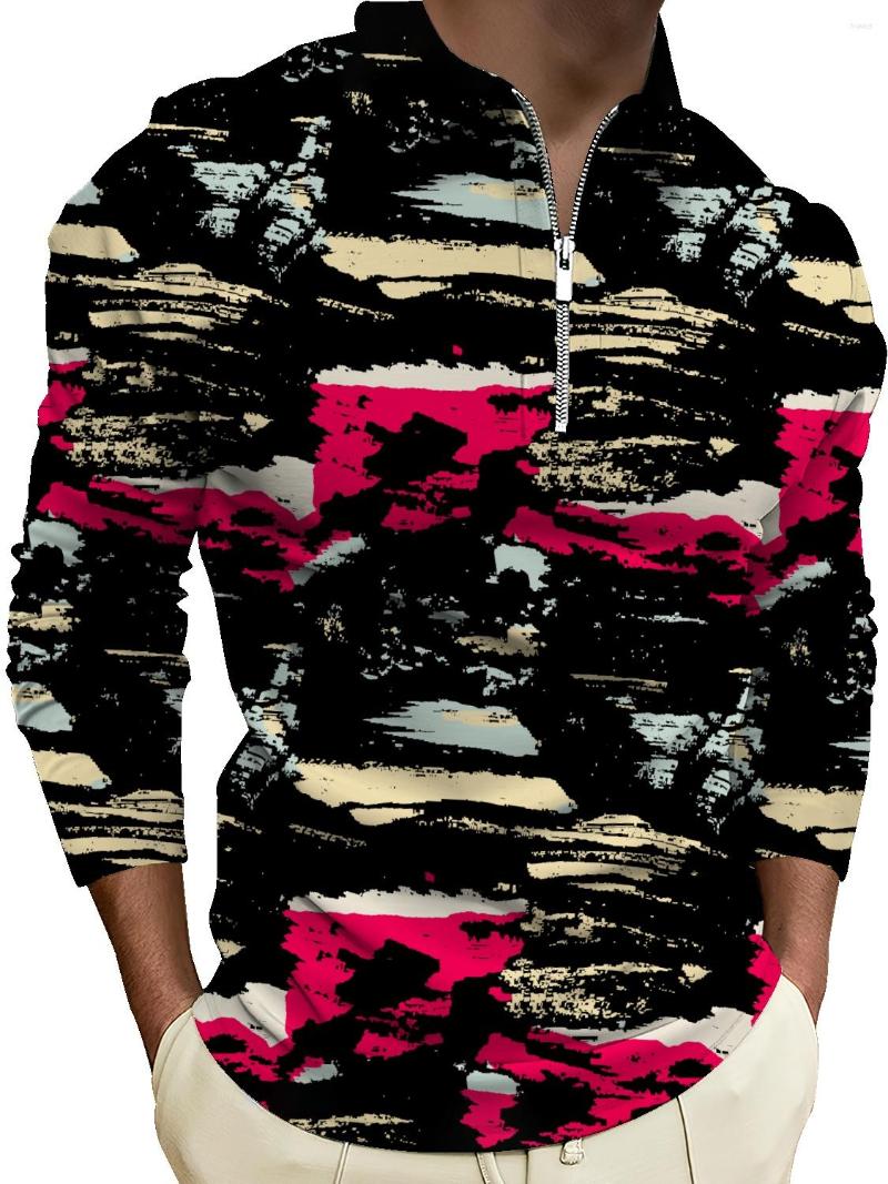 

Men' Polos Zip Stripe Long Sleeve Men' T-Shirt Top Tie Dye, Black