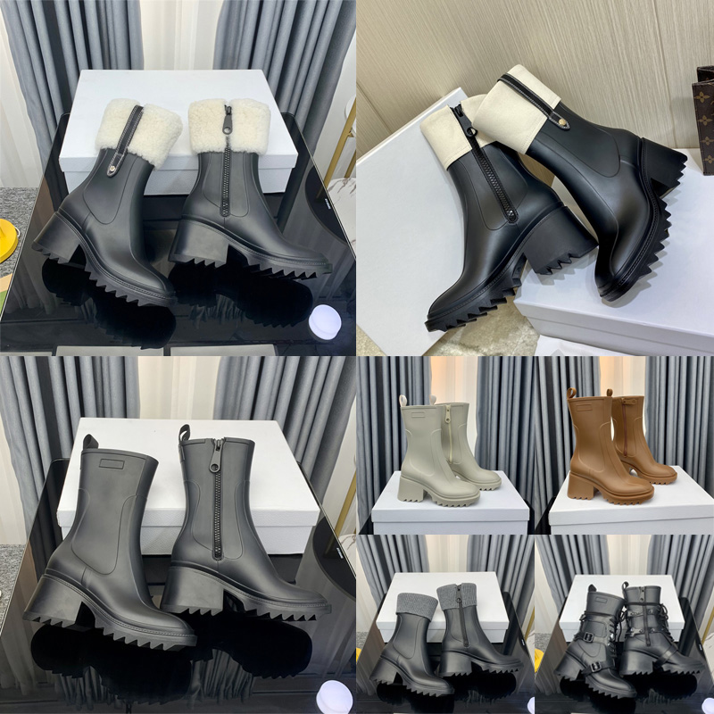 

Designer Luxury Women Betty Boots Tall Rain Boot Welly Shoes High Heels Pvc Rubber Beeled Platform Knee-High Black Waterproof Outdoor Rainshoes