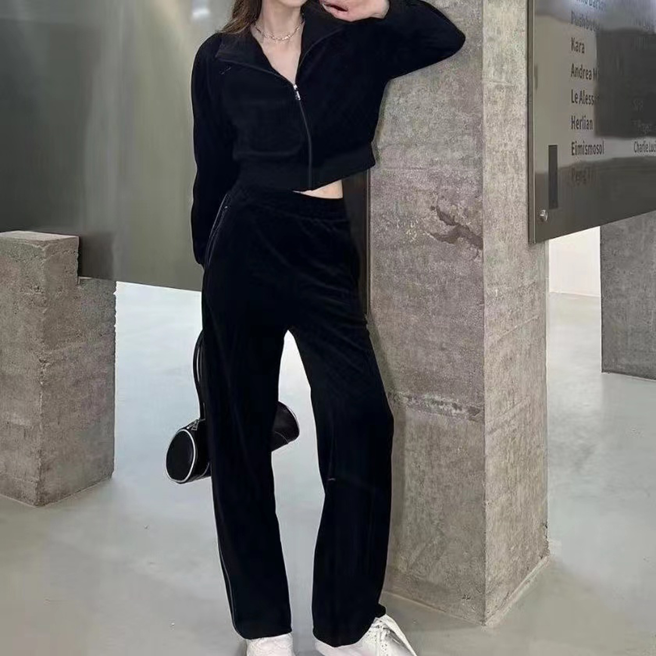 

Women's Two Piece Pants Casual Suits Designers Jackets Coats For Women Long Sleeve Zipper Jacket Cool Girls Streetwear Womens Clothing Set E101, Black