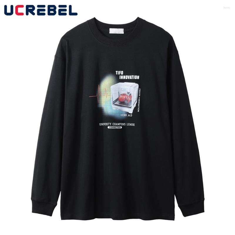 

Men's T Shirts Pattern Print Long Sleeve T-shirt Mens Streetwear Letter Round Neck Loose Casual Autumn Men Cotton Tee, Black