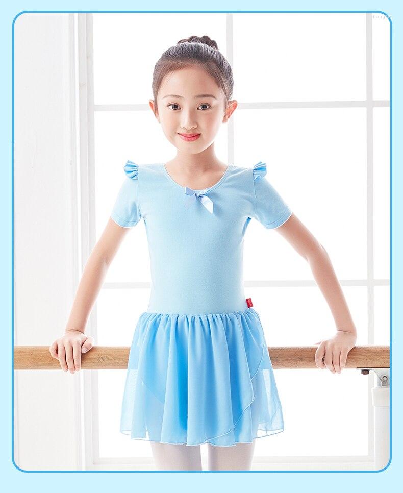 

Stage Wear 2022 Summer Girls Ballet Dress Gymnastics Leotard Chiffon Skirts Short Sleeve Dancewear For Kids Dance, Pink blue