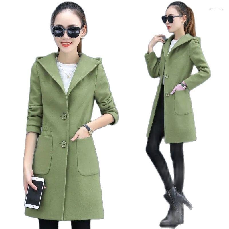 

Women' Wool Mid-length Female Woolen Cloth Coat Autumn Winter Women' Jacket Receive Waist Hooded Single-Breasted Ladies Clotht, Red