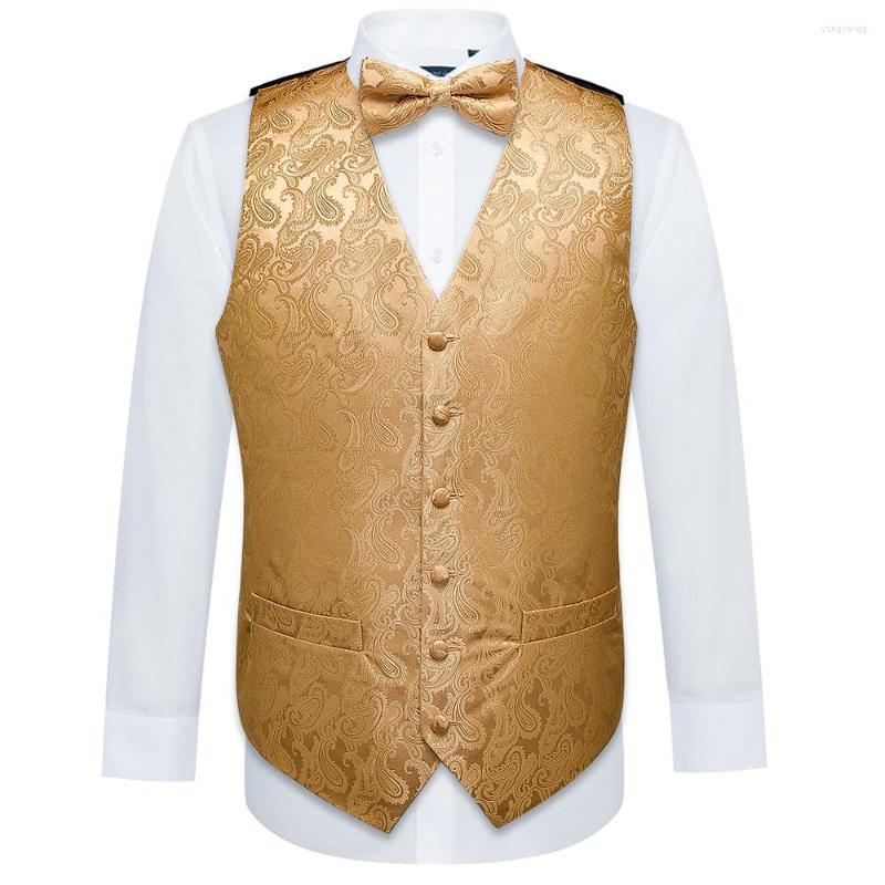 

Men' Vests Designer Mens Silk Waistcoat Vest Classic Gold Paisley Suit Jacquard Folral Handkerchief BowTie Set Barry.Wang, M-2513