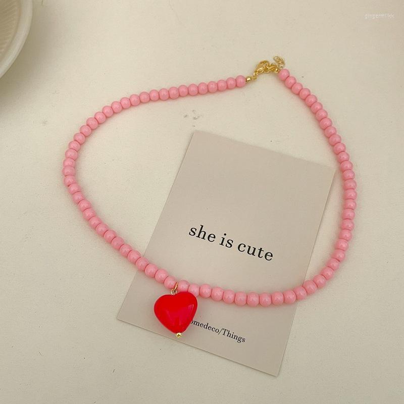

Choker Kpop Pink Love Heart Pendants Beads Necklace Korean Fashion Sweet Neck For Women Chain Collares Aesthetic Y2K Jewelry