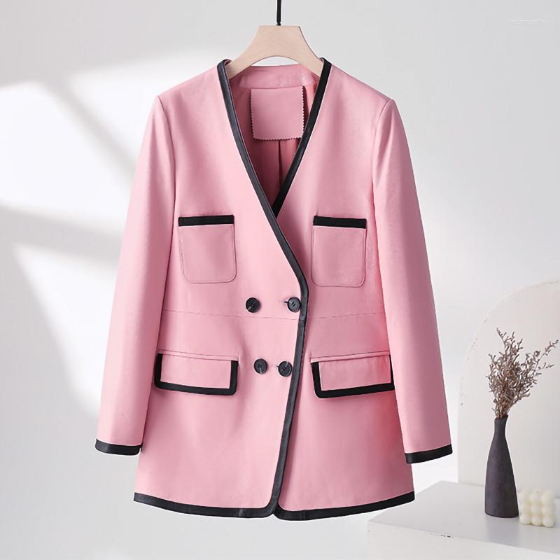 

Women's Leather Lady Real Sheepskin Jacket Coats V-Neck Double Breasted Mid-Length Elegant Fashion 2022 Autumn Winter TF5018, White