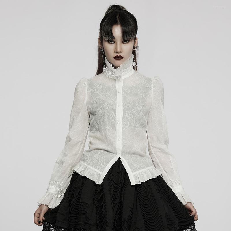 

Women's T Shirts PUNKRAVE Women's Shirt Goth Texture Blouse Gorgeous 3D Lace Stand Collar Cotton Long Sleeve, Black