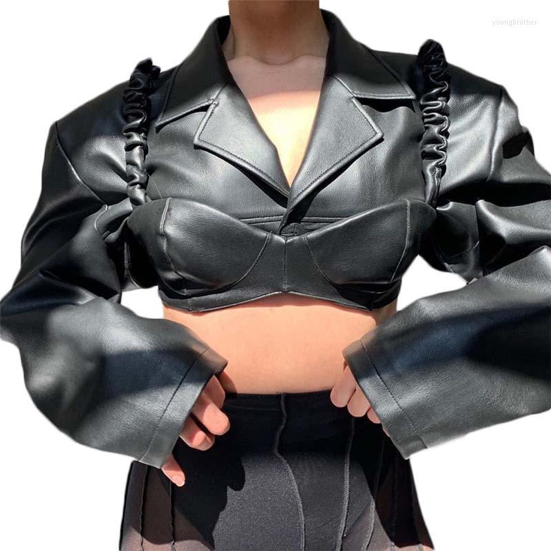 

Women' Leather 2022 Spring Fashion Trend Women' Long Sleeve Lapel Navel Slim And Thin PU Top Sling Two-piece Set Y812, Black