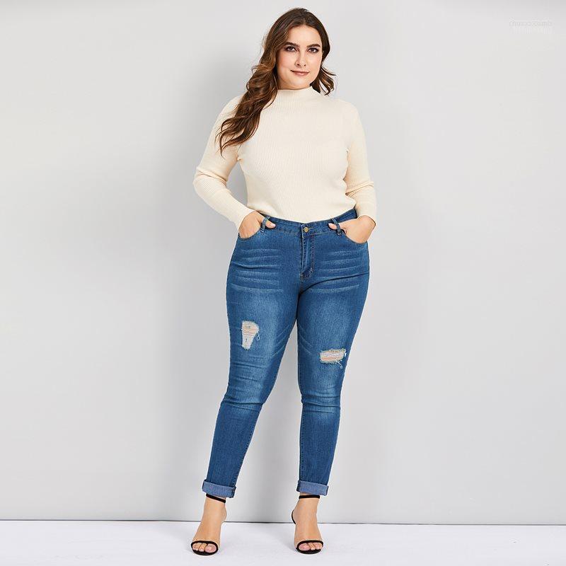 

Women's Jeans Women's Women Winter Simple Blue Casual Office Lady Plus Size Skinny Thin High Waist Zipper Plain Button Female Denim