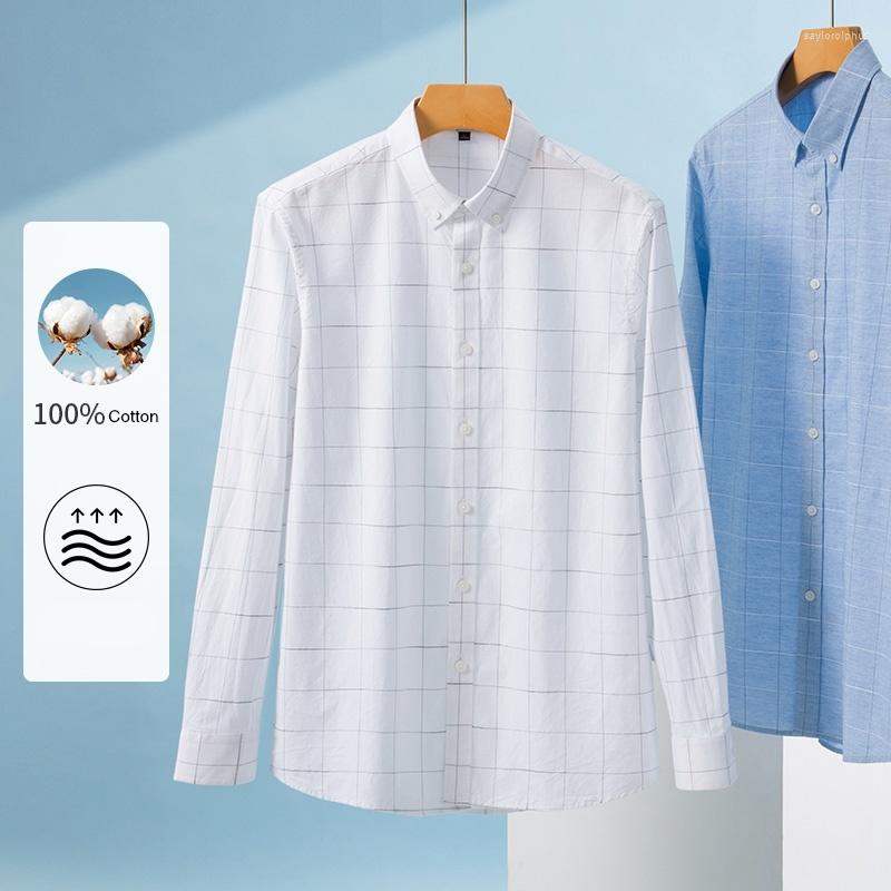 

Men's Dress Shirts Cotton Plaid 2023 Autumn Oxford Fabric Comfortable Long Sleeve Business Casual Classic Brand Clothing, Blue