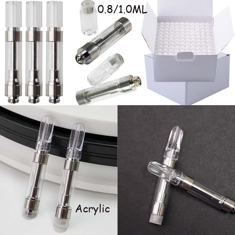 

0.8ml 1.0ml G5 M6T Atomizers Acrylic Material Vape Cartridge Packaging Press On Cart 510 Thread Fit Vape Pen Cartridges Glass Tank Flat Round Tips
