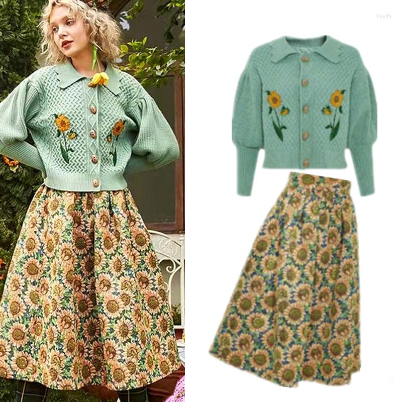 

Two Piece Dress Autumn Spring Women Pullovers Vintage Embroidery Floral Sweaters Cardigans Long Skirts Flowers Printed Skirt Suits NS551, Lake blue