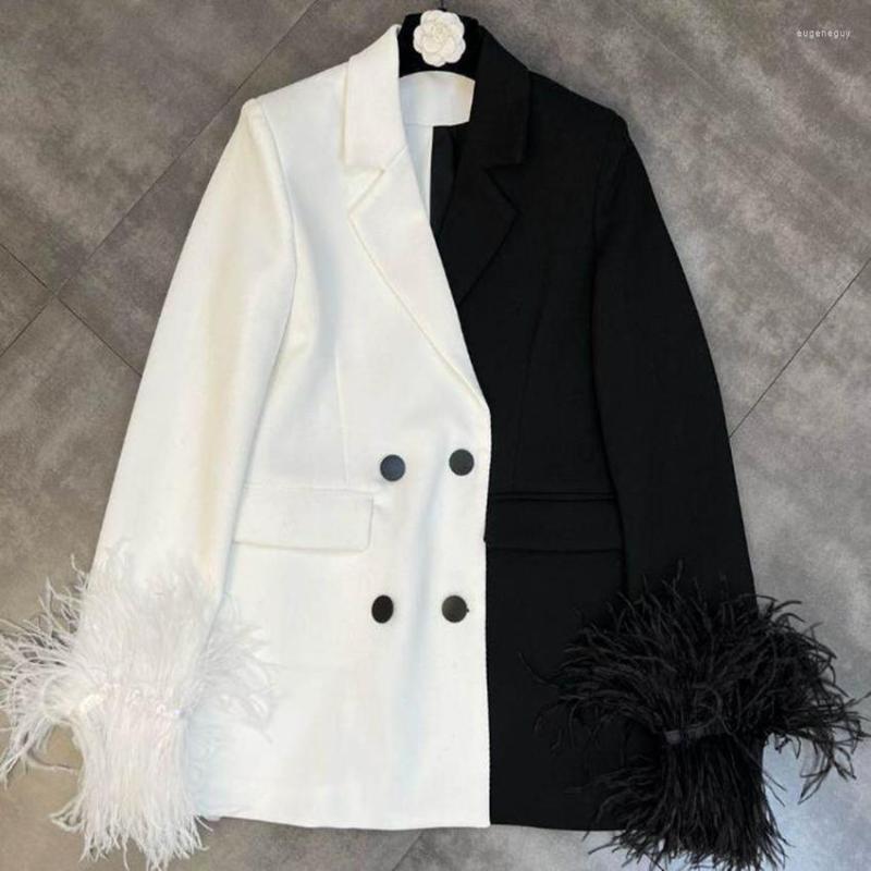 

Women' Suits Fashion Spring Autumn Feather Stitching Blazer Women Hit Color Double Breasted Small Suit Office Lady, Black white