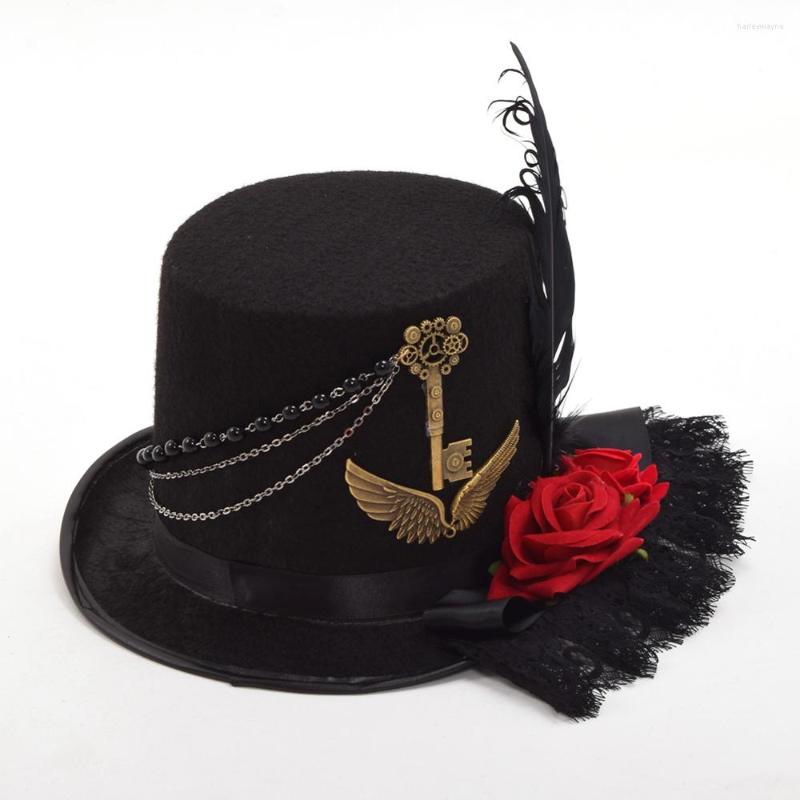 

Berets Men Women Handmade Steampunk Top Hat With Gear Cosplay Headwear Red Rose Chain Magic, Black