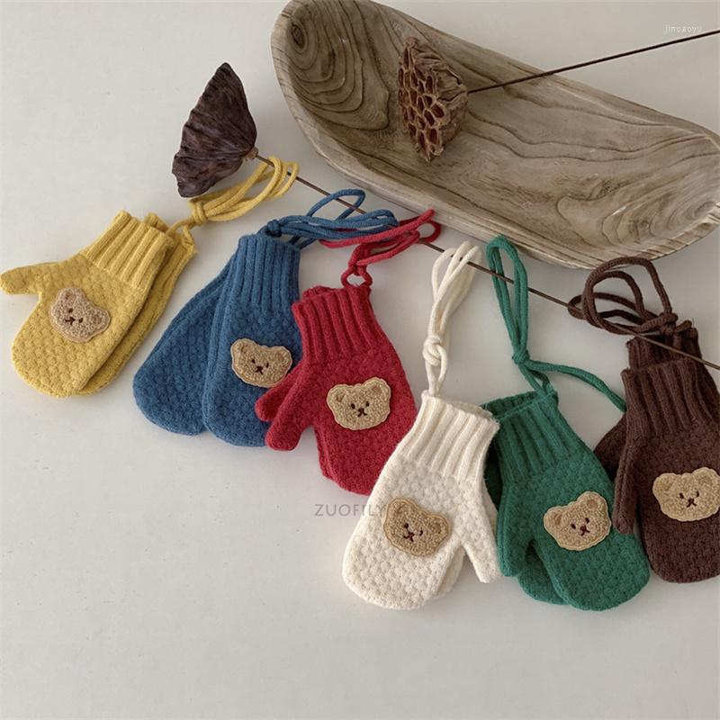 

Hair Accessories Autumn Winter Warm Baby Gloves Solid Color Cute Bear Thicken Kids Glove For Born Girl Boy Soft Plush Children Mittens, Red