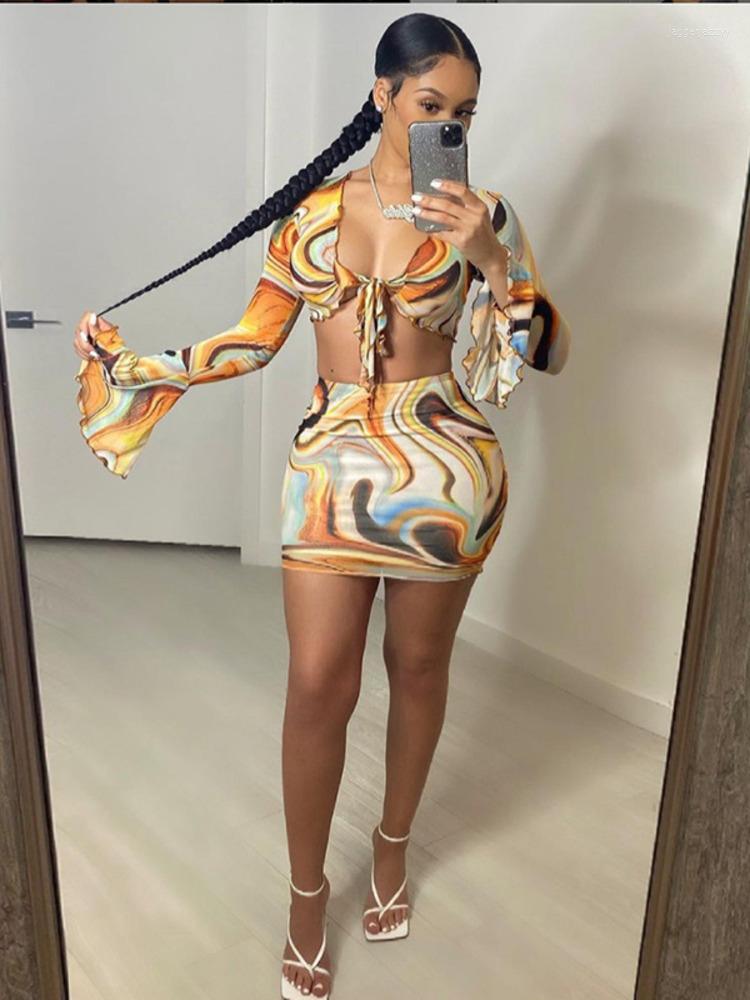 

Casual Dresses V Neck Flare Sleeve Ruffle Tie Dye Print Mini Dress For Women Robe Autumn Winter Bodycon Sexy Vestido, Blue