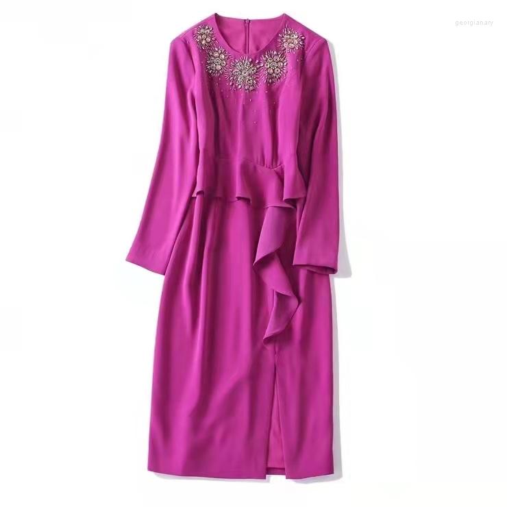 

Casual Dresses European And American Women' Wear Autumn 2022 Long Sleeve Peaded Round Collar Fashionable Flounces With Slit Dress, Black