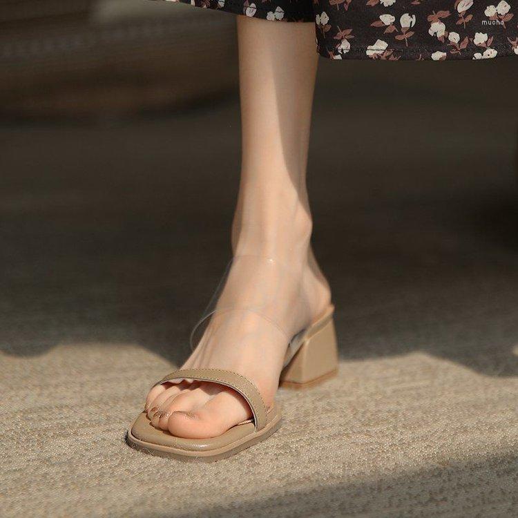 

Dress Shoes 2022 Women Sandals Thick Heel Office Lady Slipper Summer Transparent Strap One Word Outdoor Middle Large Size, White