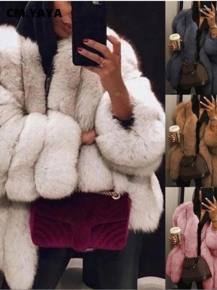 

Women' Fur CM.YAYA 2022 Women Winer Faux Coats Fashion Elegant Thick Warm Long Sleeve Chic Outwear Female Wool Blends, Silver