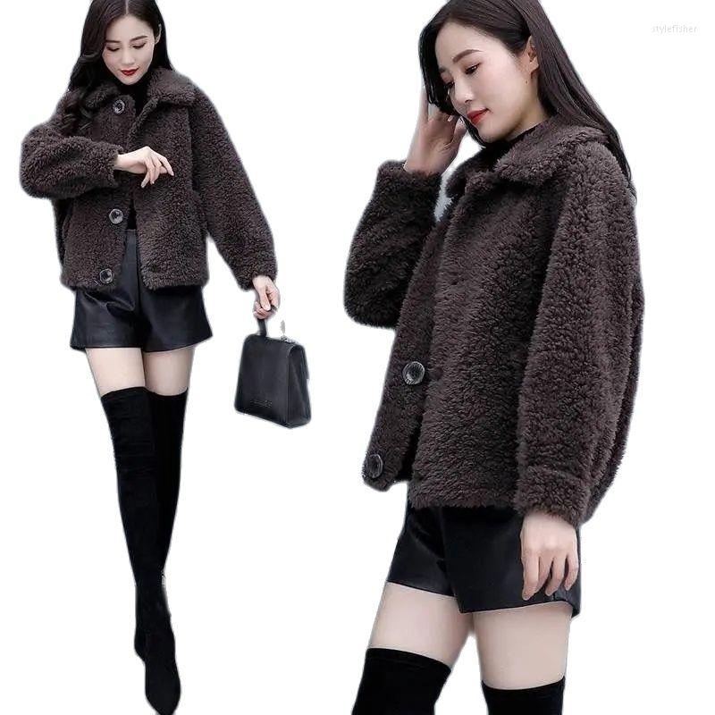 

Women's Wool 2022Imitation Sheep Lamb Hair Short Women's Coat Single-Breasted Pocket Loose Slim All-match Woolen Ladies Outerwear, Khaki