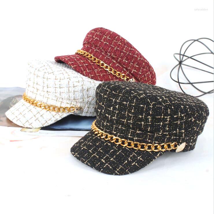 

Ball Caps Autumn And Spring Hat Female Naval Chain Flat Top High Quality Cool Nice Beautiful Hats For Women Check Button, Black