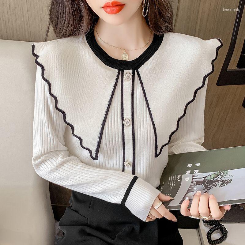 

Women's Sweaters Women Clothes Sweet Ruffles Slim Ruffled Neck Long Sleeve Pullovers Autumn Fashion Buttons Sweater Ladies All-match Top Tee, Coffee