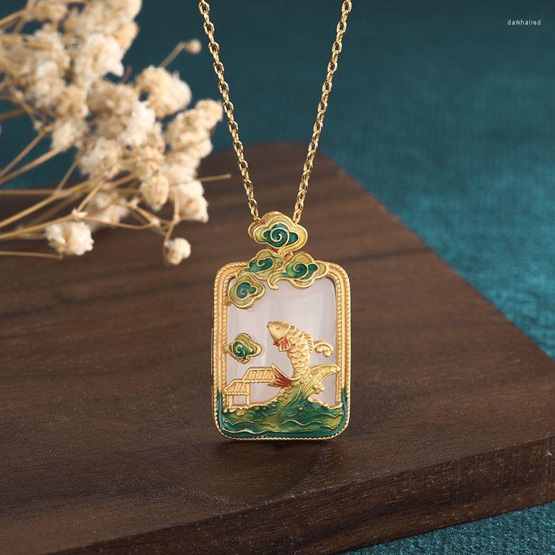 

Chains Classic Retro Ethnic Accessories Enamel Porcelain Fish-shaped Necklace Inlaid With Natural Chalcedony Pendant Women's Jewelry