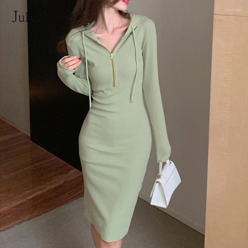 

Casual Dresses JulyPalette Zipper Hooded Dress Women 2022 Korean Solid Long Sleeve Slim Cotton Female Spring Mid Bodycon Vestidos, Black