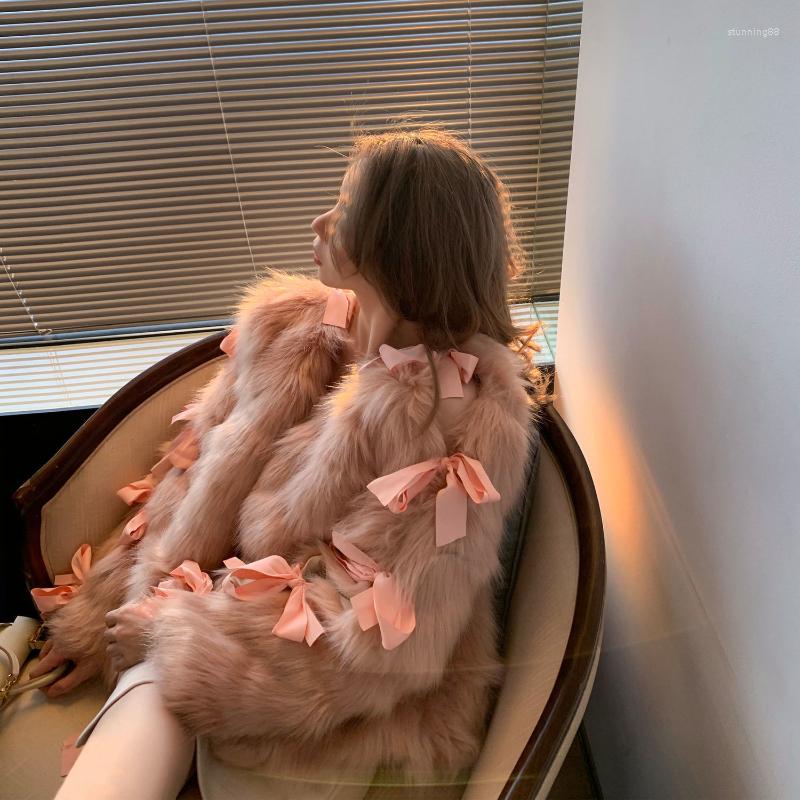 

Women' Fur Woman High Quality Faux Coat Female Warm Bow Outerwear Short Collar Jacket Outdoor Wear Overcoat G181, Pink