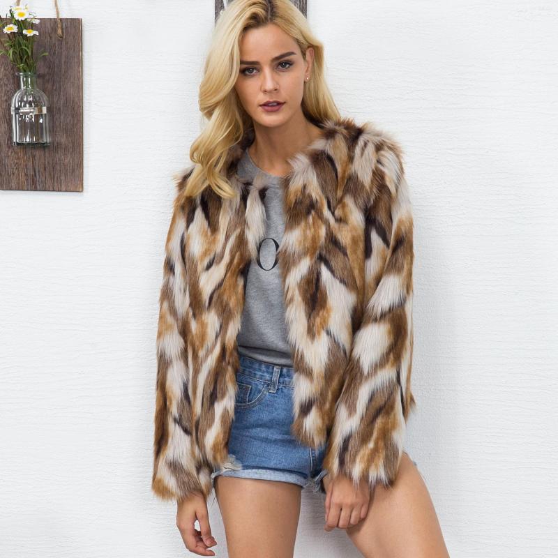 

Women' Fur Winter Women Warm Creative Mixed Color Faux Jacket Artificial Coat Imitation Yellow Camouflage Stitching Bomber, Multi