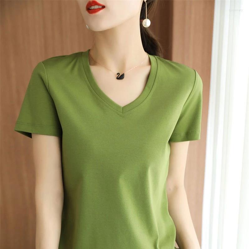 

Women's T Shirts Mercerized Cotton Summer T-shirt Women's Breathable Solid Color V-neck Short Sleeve Loose All-match Pure Top, Beige