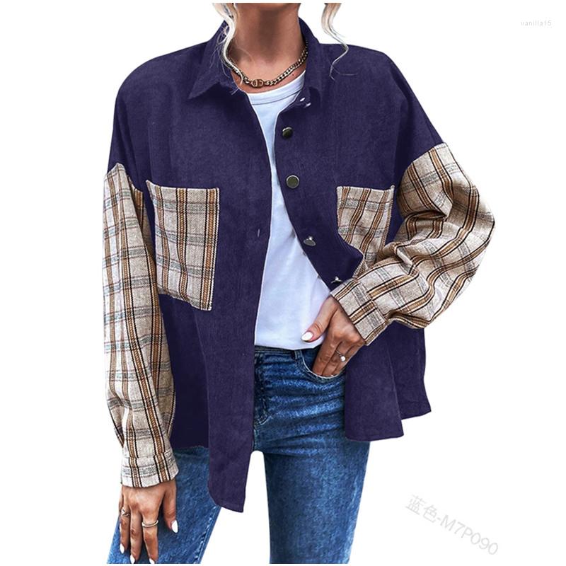 

Women' Blouses WEPBEL Autumn Winter Plaid Patchwork Single Breasted Shirt Fashion Women Loose Long Sleeve Pocket Casual Jacket Outwear, Army green