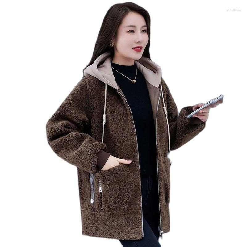 

Women's Wool Autumn Winter Imitate Sheep Lamb Hair Women's Coat Thicken Loose Mid-Length Skin One Body Hooded Splicing Ladies' Tops, Brown