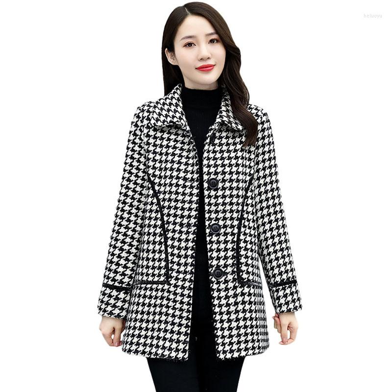 

Women's Wool Woolen Coat Women 2022 Autumn Winter Fashion Mid-length Houndstooth Jacket Casual Wild Female Overcoat, Khaki