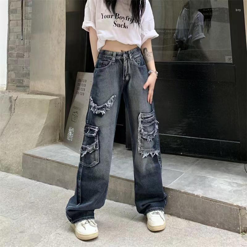 

Women' Jeans Women Vintage Y2K Streetwear Baggy Cargo High Waisted Straight Wide Leg Pants Denim Trousers Fairy Grunge Alt Clothes, Black gray