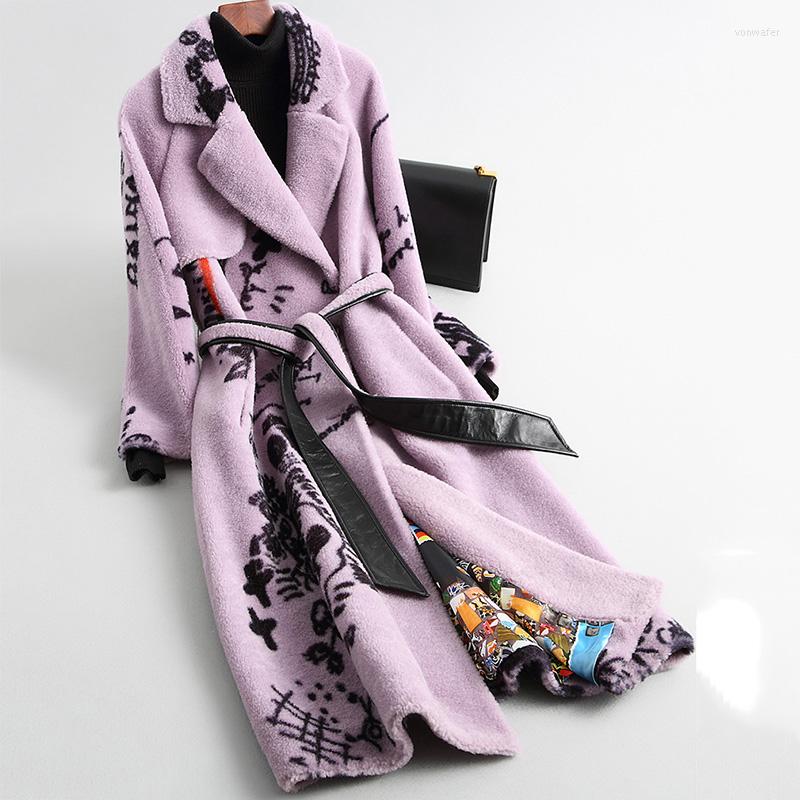 

Women's Fur Plus Size 2022 Autumn Winter Real Sheep Wool Coats Ladies Printed Shearing Long Warm Jackets, Lilac