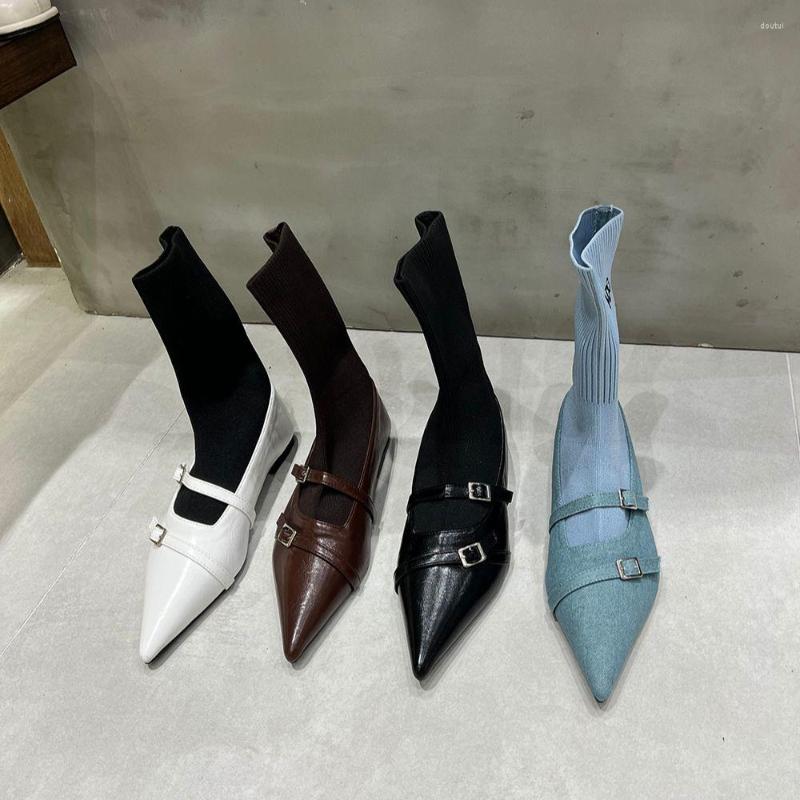 

Boots Pointed Toe Women Ankle 2023 Arrivals Flat Low Heels Belt Design Slip On Winter Autumn Dress Shoes Black White Blue
