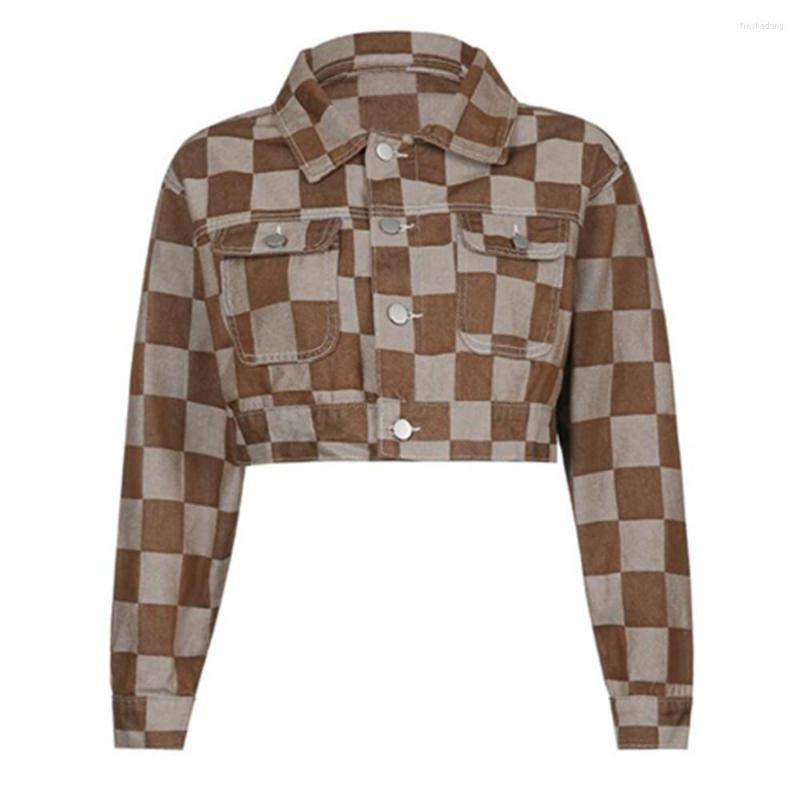 

Women' Jackets Gothic Punk Cyber Y2k Plaid Denim Jacket Women Cropped Coats Female Button Casual Brown Patchwork Fashion Streetwear Top, Plaid jackets