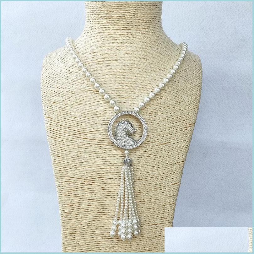 

Pendant Necklaces 4 Pcs Leopard Head Charm Pendant Cz Micro Pave Connector Natural Shell Pearl Beads Chain Tassels Women Jewelry Nec Dhpgi