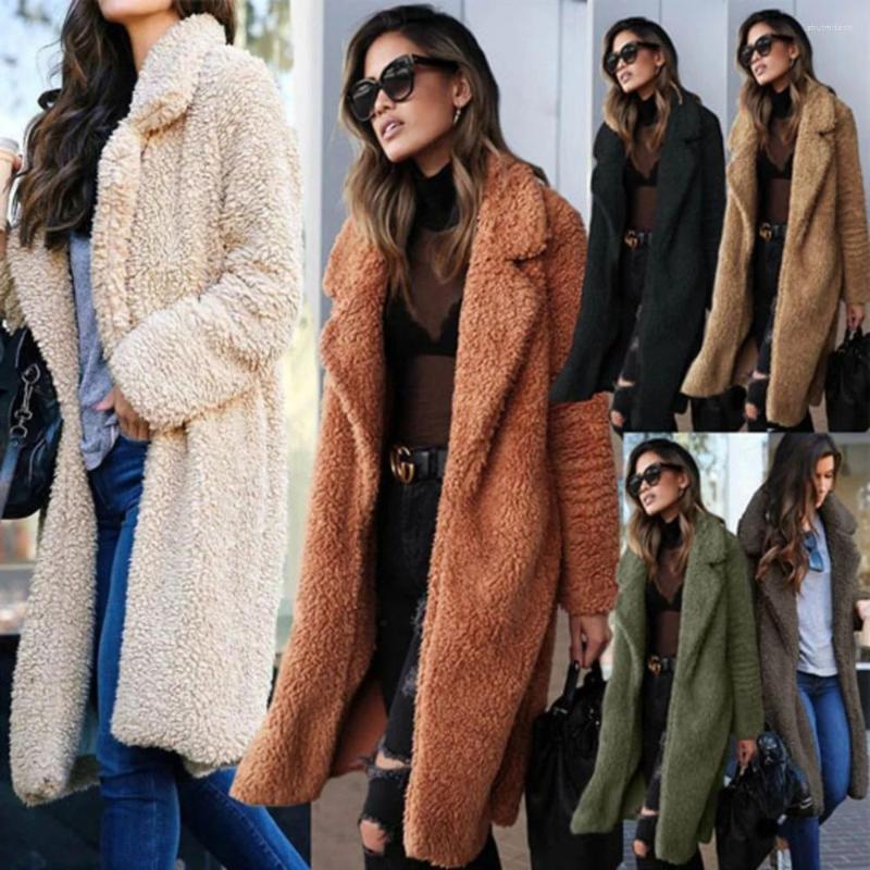 

Women's Fur Long Coat Woman Lapel Faux Coats Sleeve Fluffy Fake Jackets Winter Thick Warm Female Pockets Plus Size Overcoat, Army green
