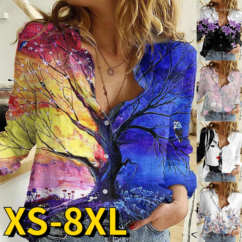 

Women's Blouses 2022 Vintage Tops Women's Everyday Street Fashion Design Prints Loose Clothes V-Neck Shirt Autumn Winter Button, Blue