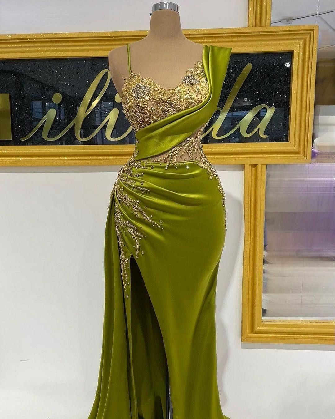 

Aso Ebi Olive Green Satin Mermaid Prom Dresses Gorgeous Crystals Beading Ruched Formal Evening Gowns Ruched Sexy Split, Same as picture