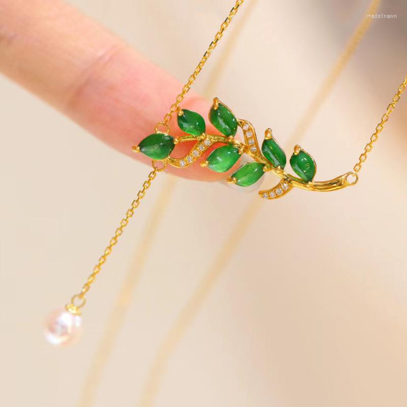 

Chains Natural Hetian Jade Leaf Shape Pendant Pearl Water Drop Tassel Necklaces Elegant Gold Color High-quality Women's Jewelry