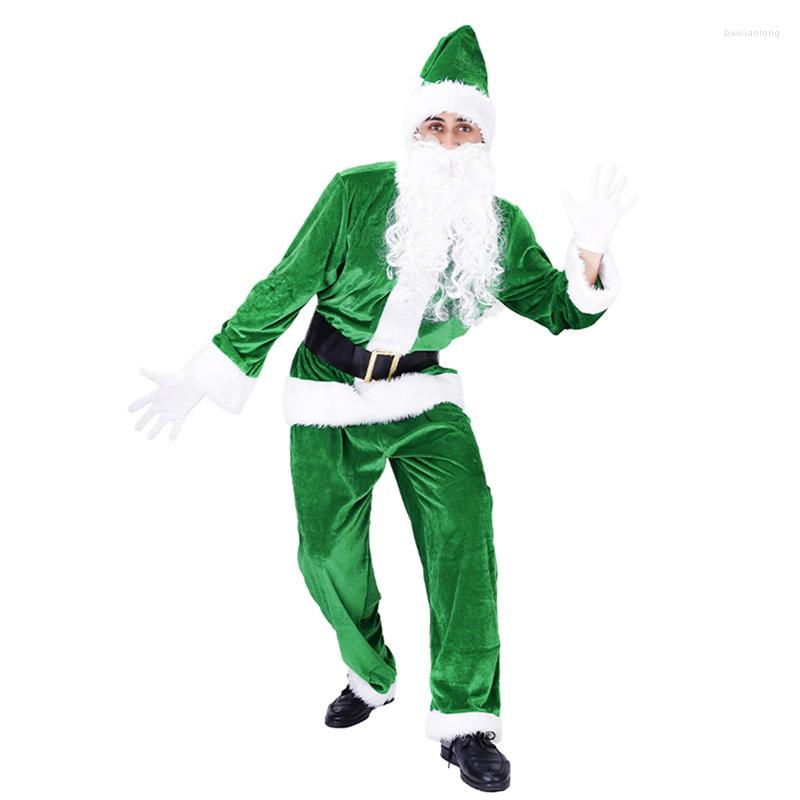 

Men's Tracksuits Xingqing Santa Claus Costume For Men Green Long Sleeve Tops Pants Hat Sets With White Beard Gloves & Black Belt Outfits, As photo shows