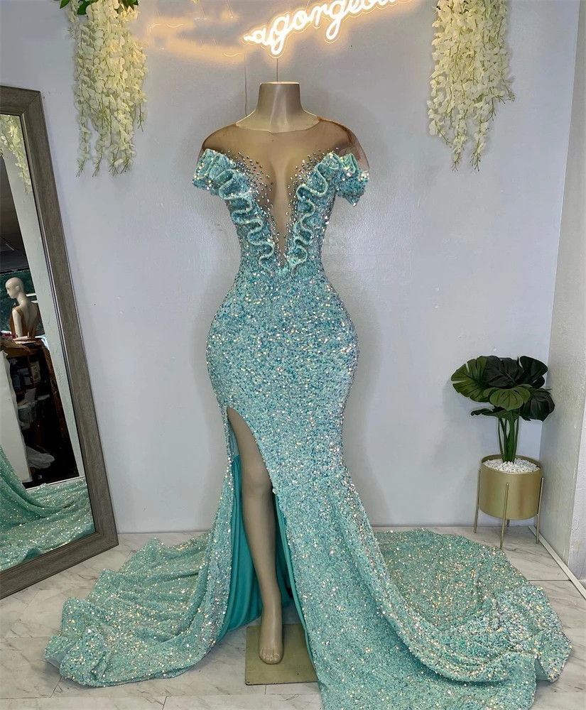 

Sparkly Lake Blue O Neck Long Prom Dresses Black Girls Sequined Evening Gowns Ruffles Formal Dress Beaded High Slit Robe De, Same as picture